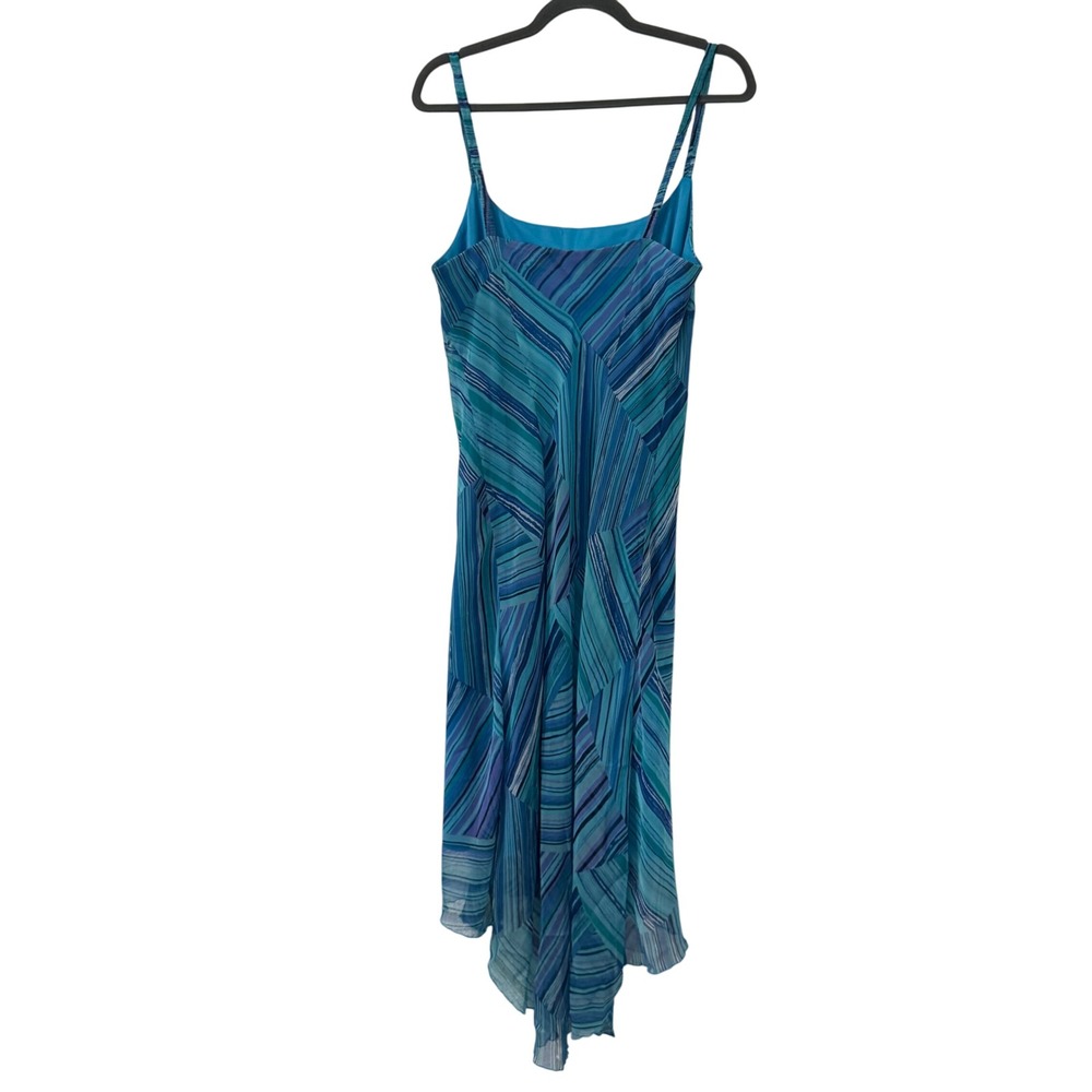 VTG Believe Dress Women Sz 12 Blue Geometric‎ Spaghetti Strap Y2K Asymmetrical